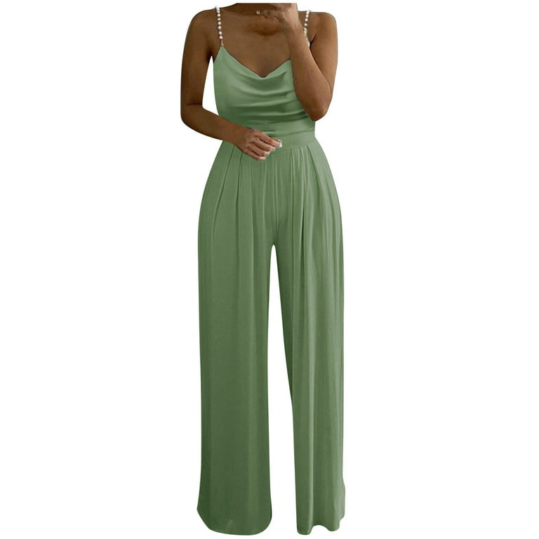 Women's Casual Pearl Suspender Jumpsuit Loose Solid Color Tummy Control  Playsuit Flowy Sleeveless Long Pant 