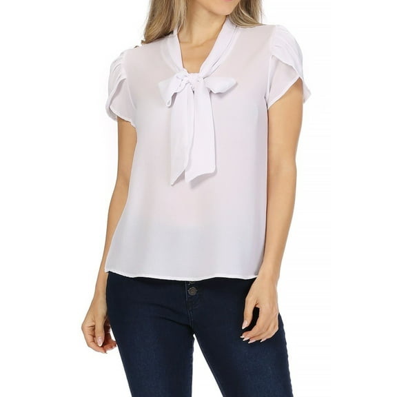 Women's Casual Petal Sleeve Bow Tie Neck Short Sleeve Blouse Top
