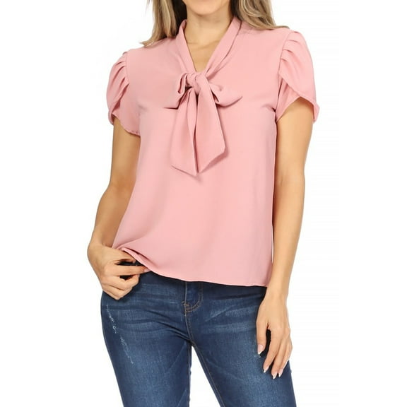Women's Casual Petal Sleeve Bow Tie Neck Short Sleeve Blouse Top