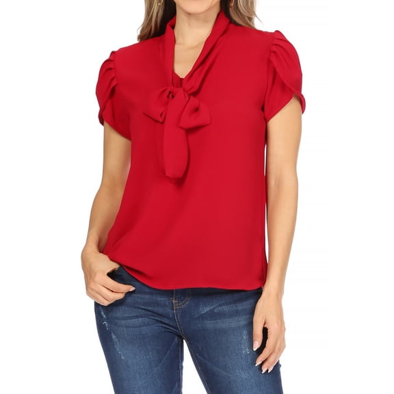 Women's Casual Petal Sleeve Bow Tie Neck Short Sleeve Blouse Top