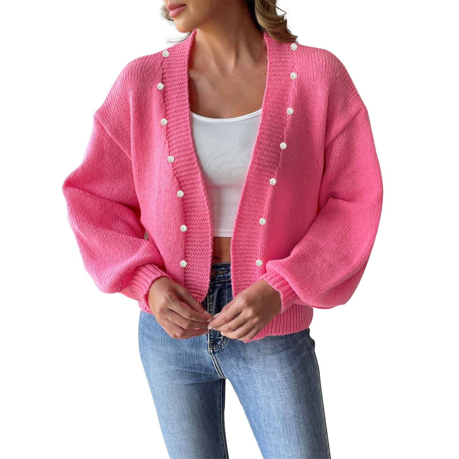 Women's Casual Pink Cardigan Sweater with Pearl Buttons, Long Sleeve Open Front Knitwear, Soft and Cozy Women's Casual Pink Cardigan Sweater with Pearl Buttons, Long Sleeve Open Front Knitwear, Soft and Cozy
