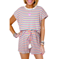 thumbnail image 1 of Women's Casual Pink Stripe Crew Neck Tee and Shorts Set - [ZhiHiMeRi] | (US 16-18)XL, 1 of 10