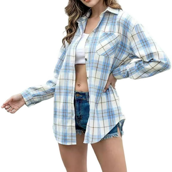 Women’s Casual Plaid Button Down Shirt Long Sleeve Lightweight Loose Fit Blouse Tops for Spring Fall Outfits