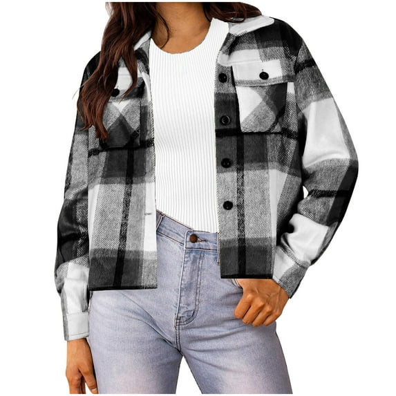 Women's Casual Plaid Coats Fashion Button Down Turndow Collar Long Sleeved Jackets Loose Comfortable Outerwear Black M