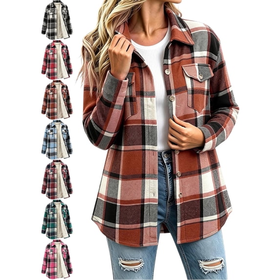 Women's Casual Plaid Collared Shacket Long Sleeve Button Front Oversized Loose Fit Outerwear