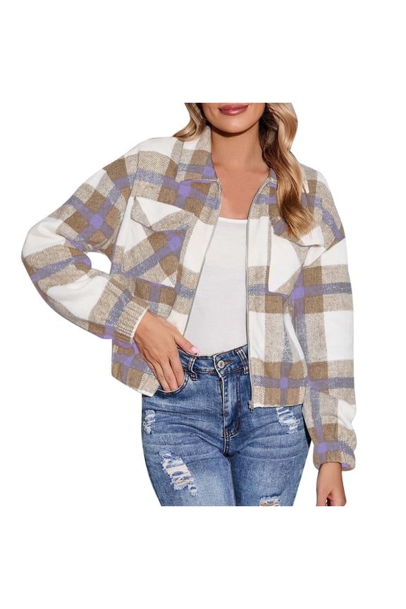 Women’s Casual Plaid Flannel Crop Shacket Jacket Zip up Chest Pocketed Long Sleeve Fall Jacket Coat Tops Fall Clothes Womens Clothes