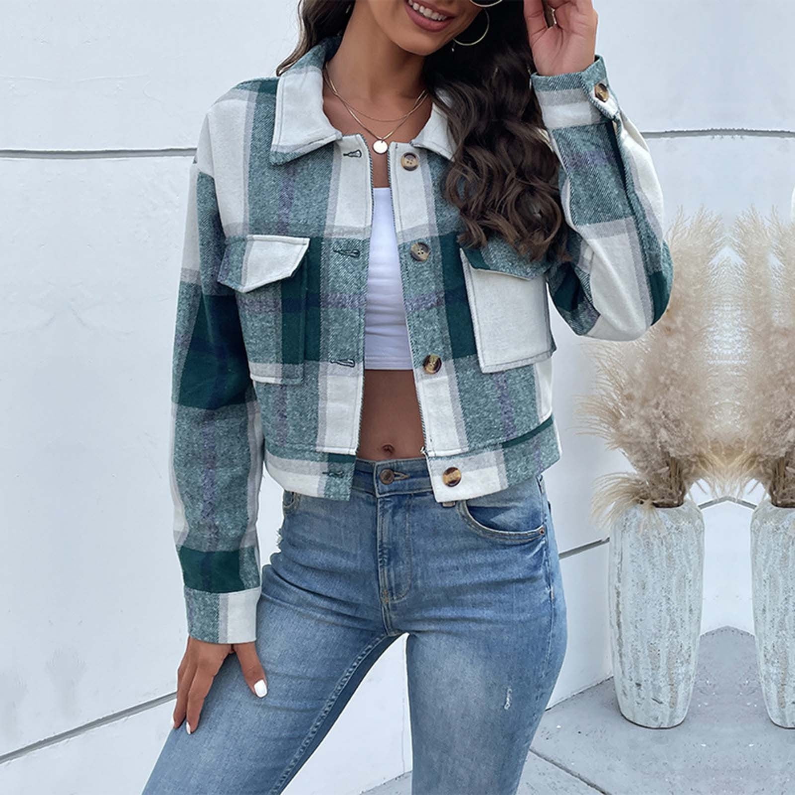 Women’s Casual Plaid Flannel Shacket Jacket Short Plaid Vintage