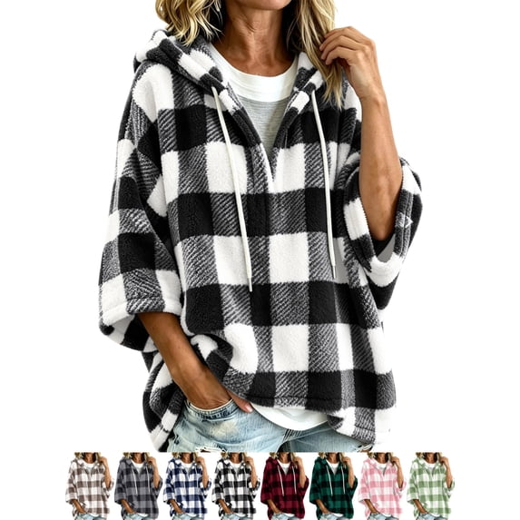 Women's Casual Plaid Fleece Hoodie Half Zip 3/4 Sleeve Oversized Loose Fit Classic Tops