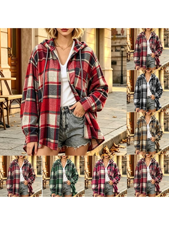 Women's Casual Plaid Hooded Button Down Shirt Jacket Long Sleeve Loose Coat Top Fashion Oversized Checkered Outerwear for Daily Wear Wine