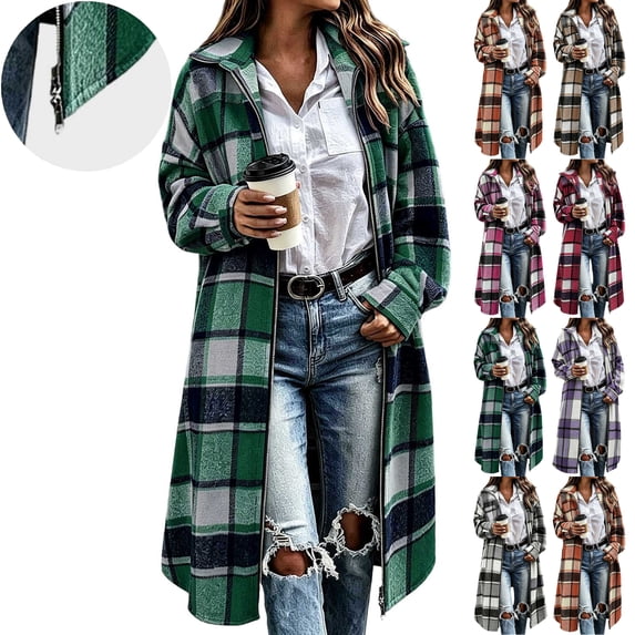 Women's Casual Plaid Jacket,Zip Up Maxi-Length Long Sleeve Open Front Shacket Coat,Windy Chilly Weather