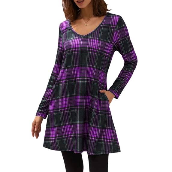 Women's Casual Plaid Mini Dress Long Sleeve V Neck Loose Short Dresses Spring Fall Vintage Purple M