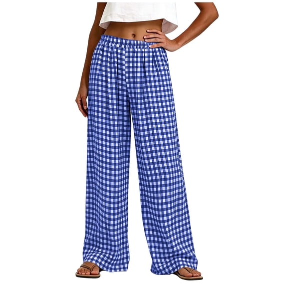 Women's Casual Plaid Pants With Elastic Waist And Pockets For A Loose Straight Leg Fit
