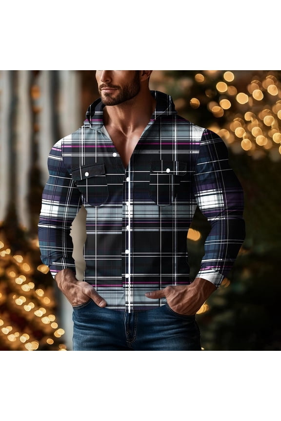 Women's Casual Plaid Print Hooded Button Down Long Sleeve Shirt Blouse Tops for Loose Fit Comfortable Streetwear Travel Vacation Daily Wear Fashion Essential | Aestivo,Dark Blue XL