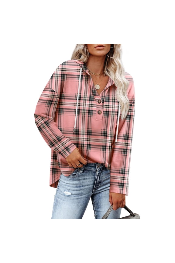 Women's Casual Plaid Print Long Sleeve Hooded Blouse with Button Front and Drawstring, Comfortable Polyester Spandex Top for Daily Wear and Leisure Activities