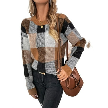 Women's Casual Plaid Pullovers Round Neck Multicolor Long Sleeve Sweaters XS (2)