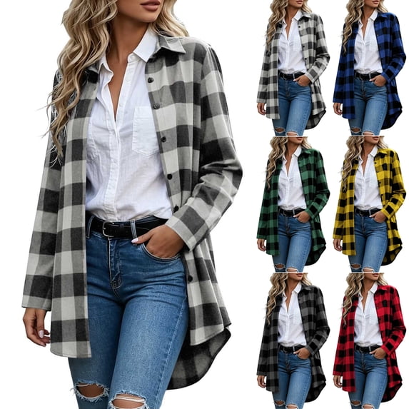 Women's Casual Plaid Shacket,Button Down Mid-Length Long Sleeve Open Front Jacket Coat,Windy Chilly Weather