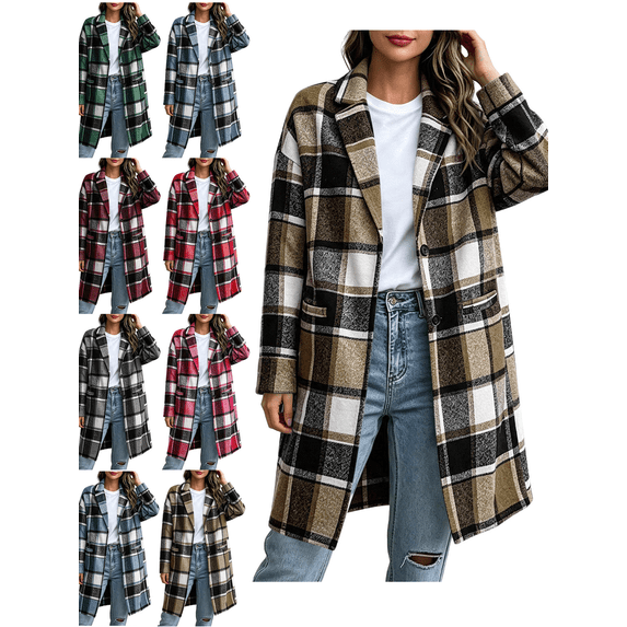 Women's Casual Plaid Shacket Jacket Button Down Long Coats with Pockets Fall Winter Warm Comfy Outfit
