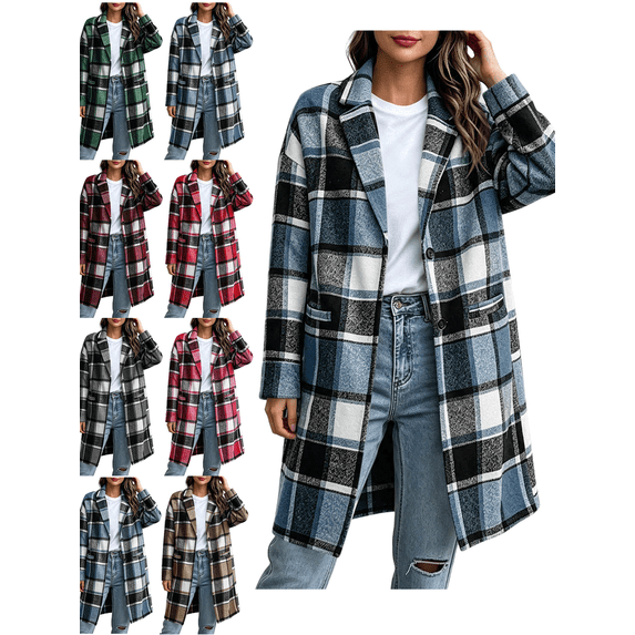 Women's Casual Plaid Shacket Jacket Button Down Long Coats with Pockets Fall Winter Warm Comfy Outfit