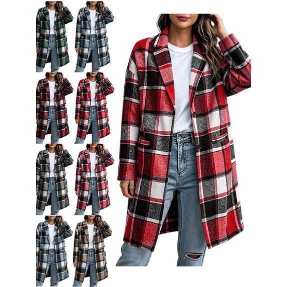 Women's Casual Plaid Shacket Jacket Button Down Long Coats with Pockets Fall Winter Warm Comfy Outfit