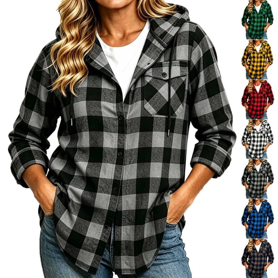 Women's Casual Plaid Shacket with Chest Pockets,Button Down Hooded Long Sleeve Open Front Jacket Coat,Windy Chilly Weather