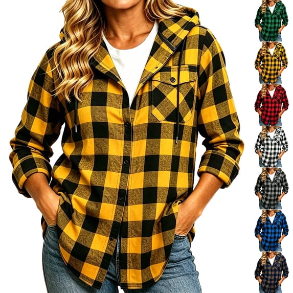 Women's Casual Plaid Shacket with Chest Pockets,Button Down Hooded Long Sleeve Open Front Jacket Coat,Windy Chilly Weather