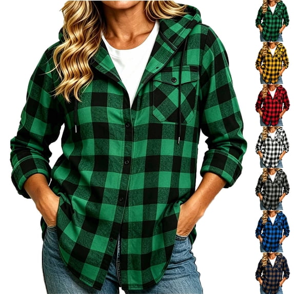 Women's Casual Plaid Shacket with Chest Pockets,Button Down Hooded Long Sleeve Open Front Jacket Coat,Windy Chilly Weather