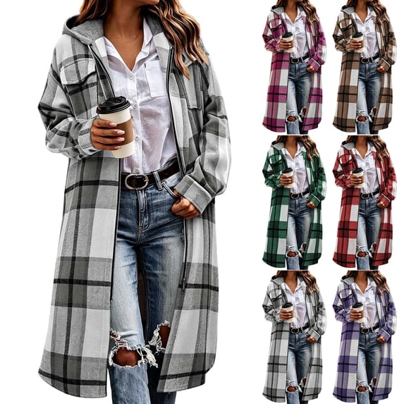 Women's Casual Plaid Shacket with Chest Pockets,Zip Up Long Sleeve Hooded Open Front Jacket Coat,Windy Chilly Weather