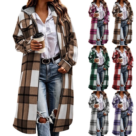 Women's Casual Plaid Shacket with Chest Pockets,Zip Up Long Sleeve Hooded Open Front Jacket Coat,Windy Chilly Weather
