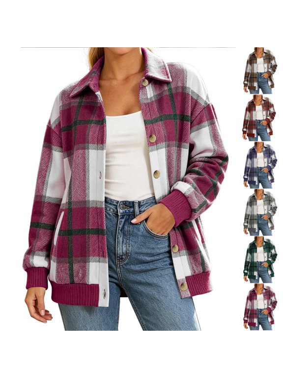 Women's Casual Plaid Shacket with Rib Cuff Hem,Button Down Long Sleeve Plaid Coat,Windy Chilly Weather