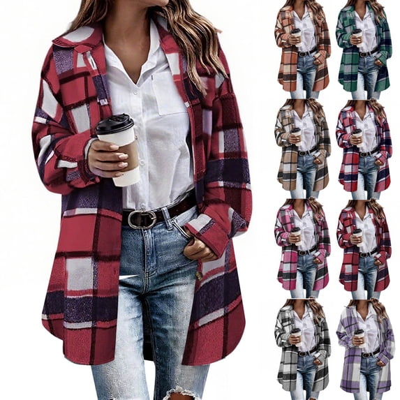 Women's Casual Plaid Shackets,Button Down Mid-Length Long Sleeve Open Front Shacket Coat,Windy Chilly Weather