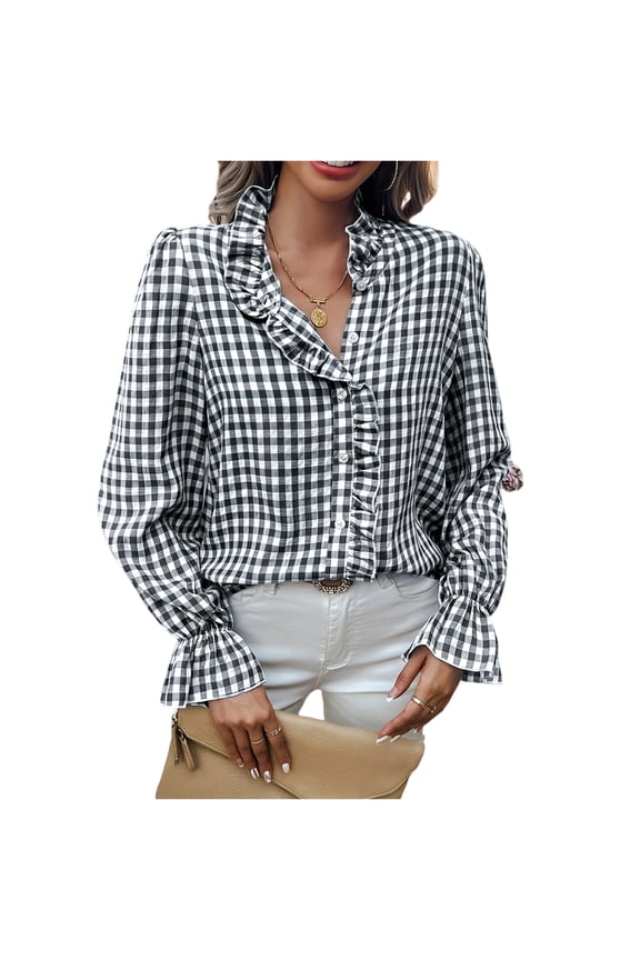 Women’s Casual Plaid V-Neck Blouse – Ruffle Trim Long Sleeve Shirt, Lightweight Gingham Top Black