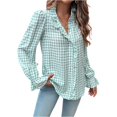 thumbnail image 1 of Women’s Casual Plaid V-Neck Blouse – Ruffle Trim Long Sleeve Shirt, Lightweight Gingham Top Green, 1 of 8