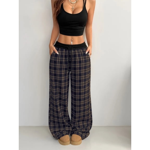 Women's Casual Plaid Wide Leg Pants, Elastic Drawstring Waist Loose Trousers with Pockets for Everyday Outfit