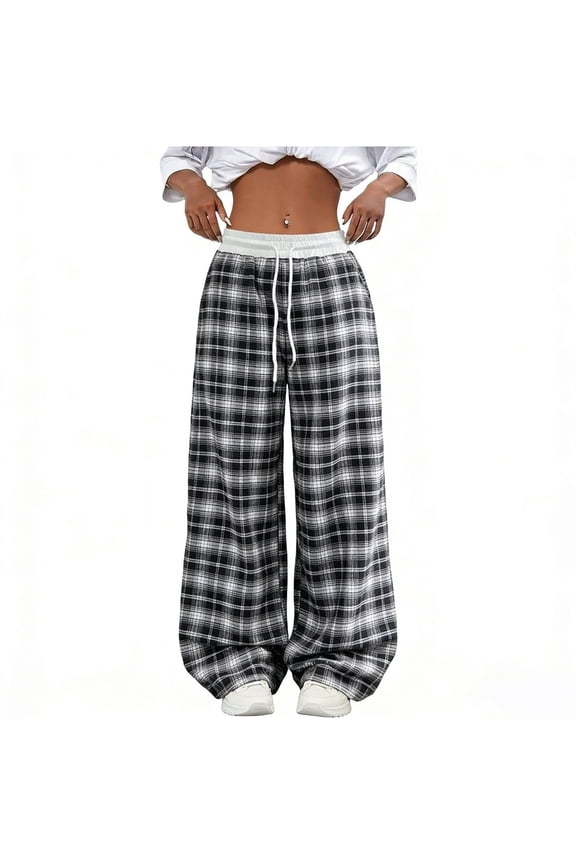 Women's Casual Plaid Y2K Pants Checkered Wide Leg Pants Gingham Drawstring Elastic High Waist Trousers with Pockets