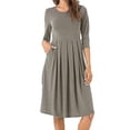 thumbnail image 1 of Women's Casual Plain 3/4 Sleeve Scoop Neck Pleated Loose Fit Swing Midi Dress with Pockets Solid Color Gray M, 1 of 4