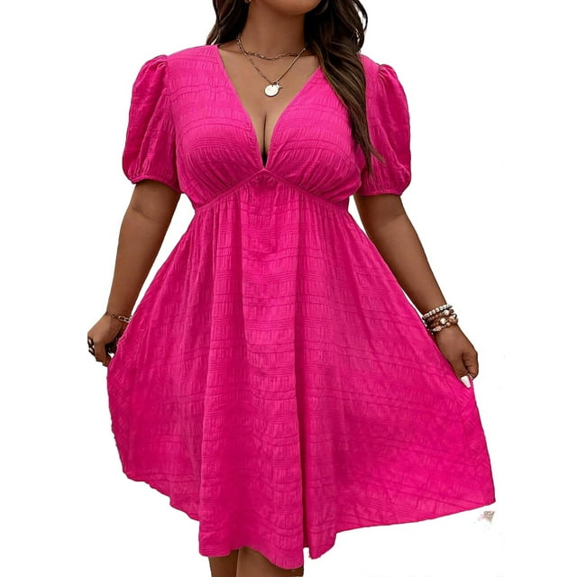 Women's Casual Plain A Line Deep V Neck Hot Pink Short Sleeve Plus Size ...
