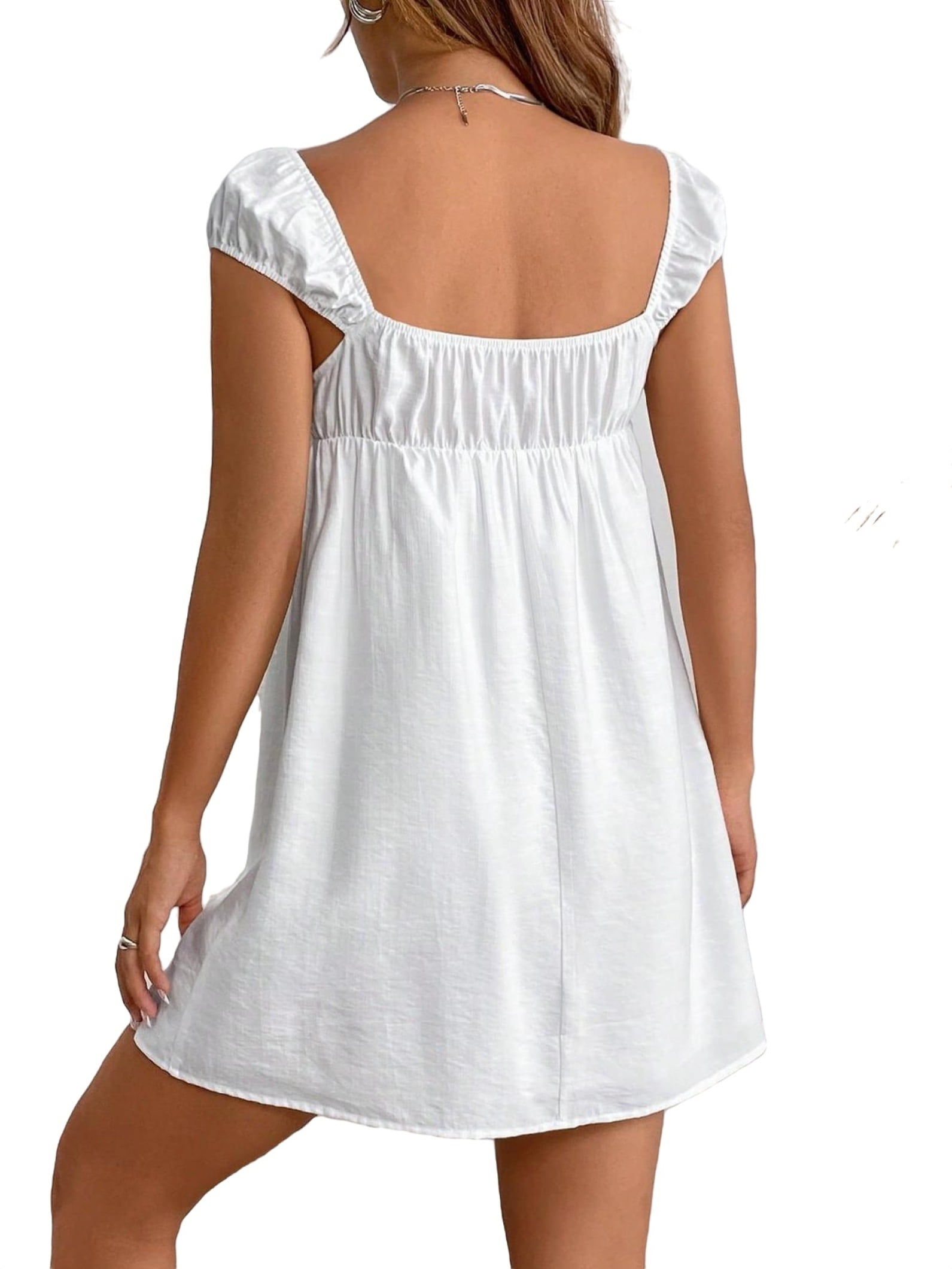 Women's Casual Plain A Line Square Neck White Dresses XS