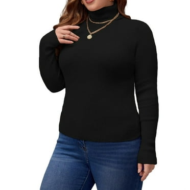 Women's Casual Plain Basic Tops High Neck Black Long Sleeve Plus Size Sweaters 1XL (14)