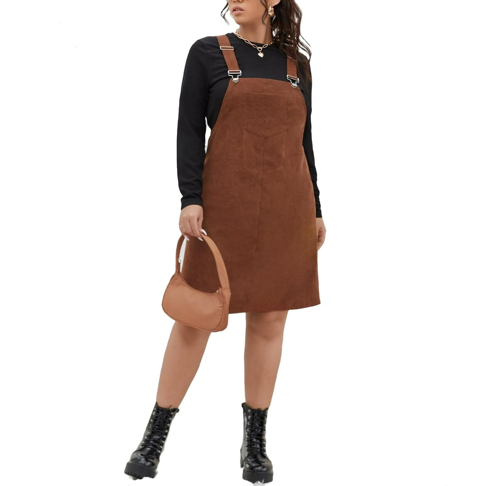 Women's Casual Plain Brown Straps Pinafore Sleeveless Plus Size Dresses -  Walmart.com