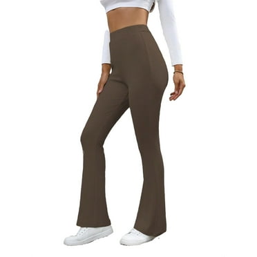 Women's Casual Plain Flare Leg Coffee Brown Pants XS (2)