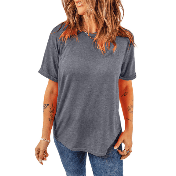 Women's Casual Plain Gray Crew Neck Tee - [ZhiHiMeRi] | (US 18-20)2XL