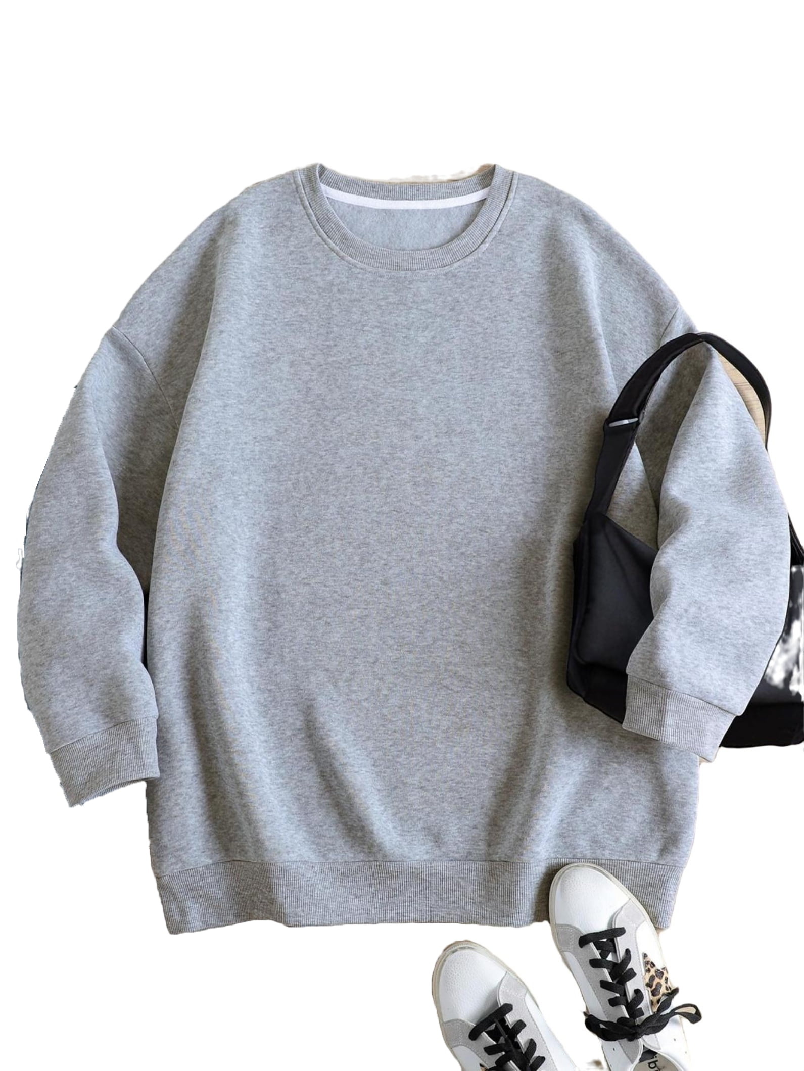 Women's Casual Plain Pullovers Round Neck Grey Plus Size Sweatshirts ...