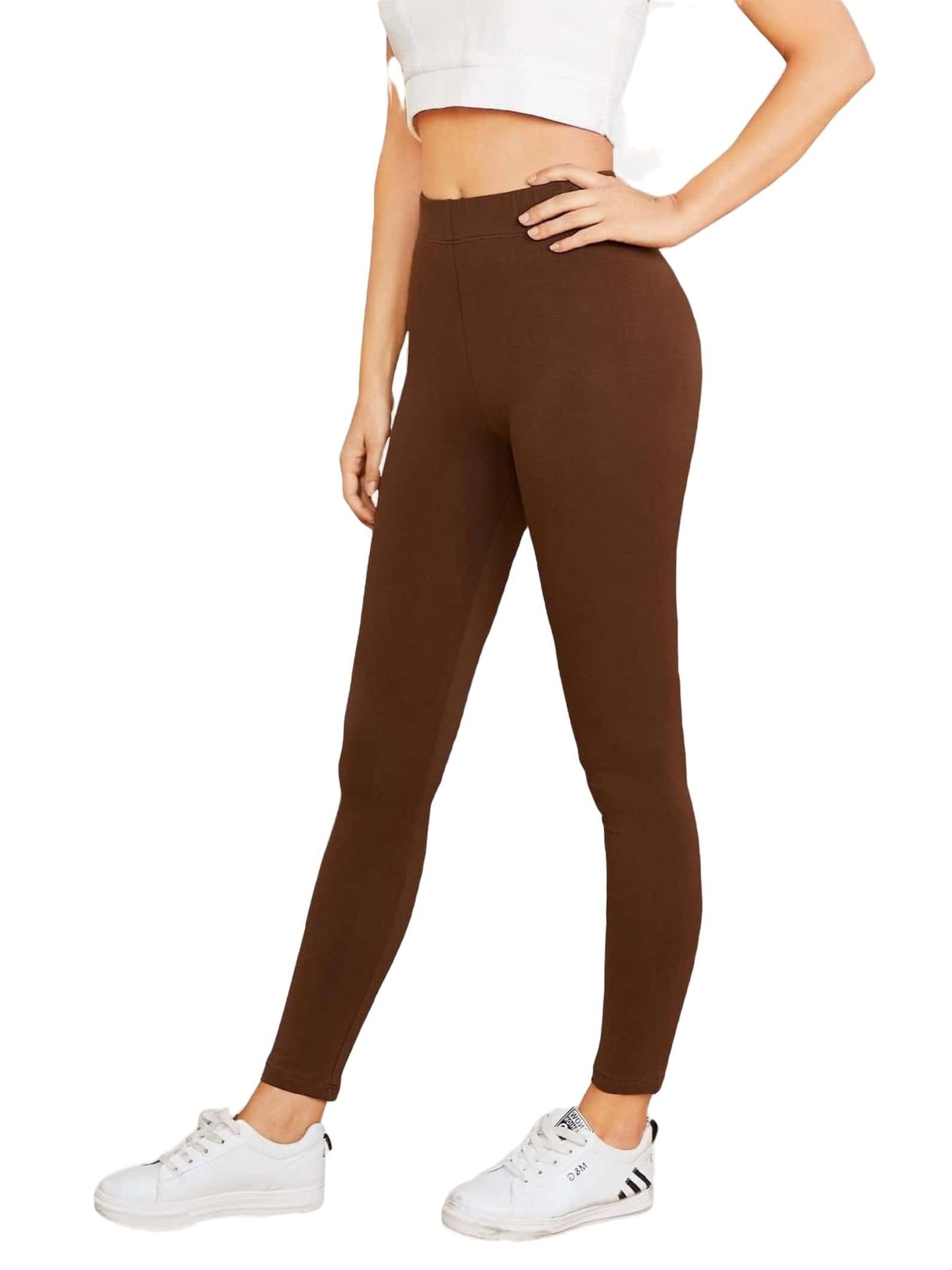 Women's Casual Plain Regular Chocolate Brown Leggings M 