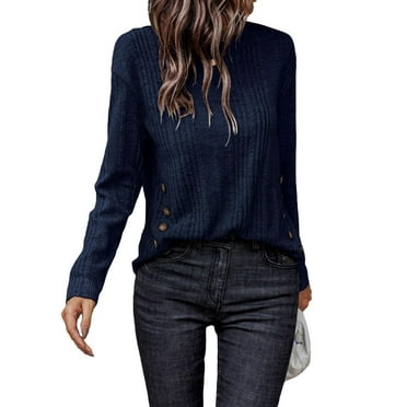 Women's Casual Plain Round Neck Navy Blue Long Sleeve T-Shirts S (4)