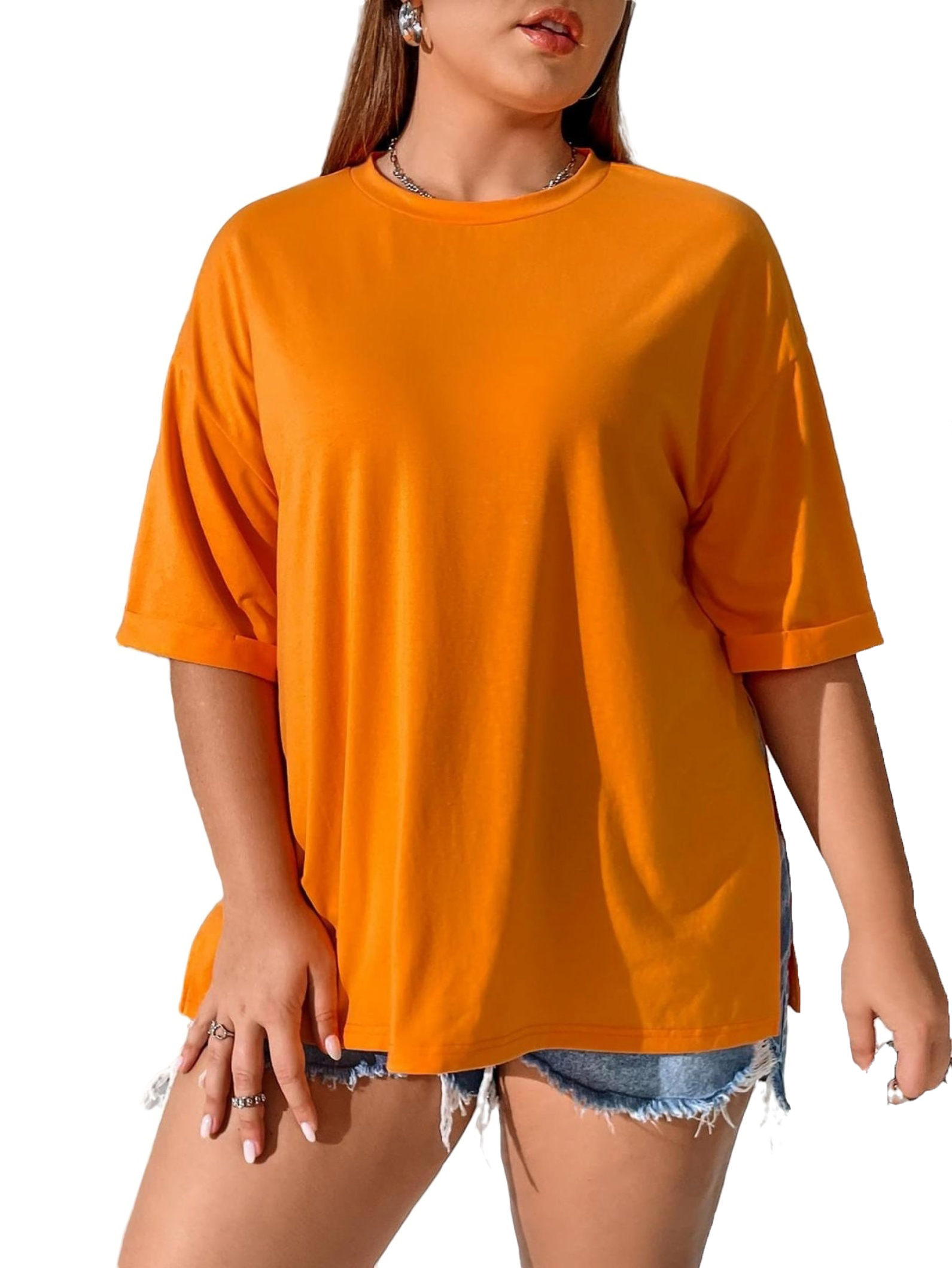 Women's Casual Plain Round Neck Orange ElbowLength Plus Size Tshirts