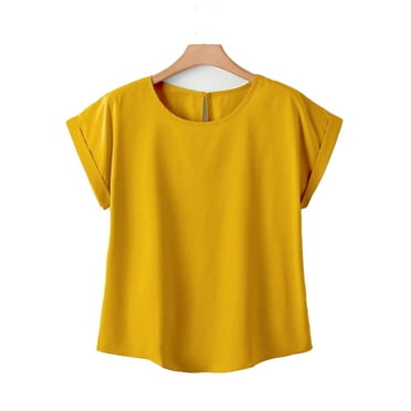 Women's Casual Plain Round Neck Short Sleeve Yellow Plus Size Blouses 3XL (18)