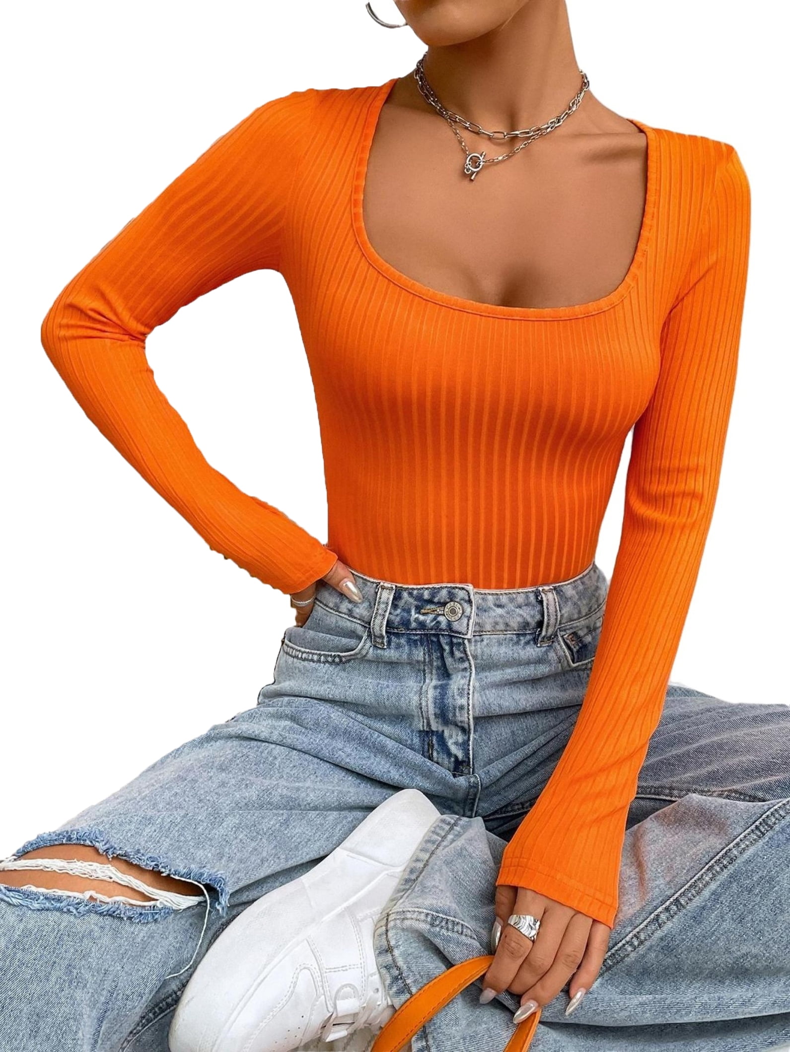 Women's Casual Plain Scoop Neck Long Sleeve Orange TShirts XS
