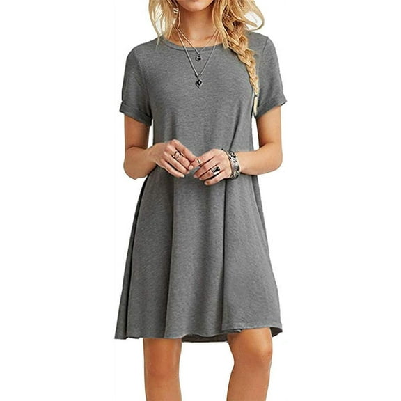 Women's Casual Plain Simple T-Shirt Loose Dress,Grey,XL