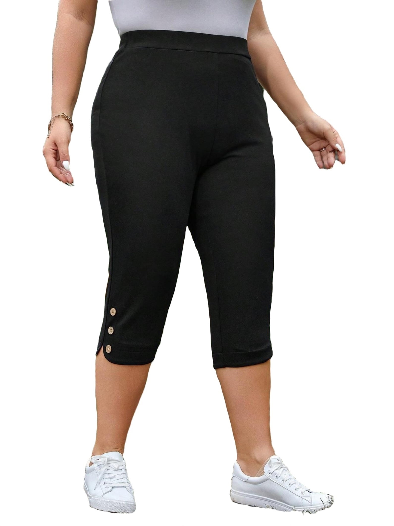 Women's Casual Plain Skinny Black Capris Plus Size Pants 2XL (16)