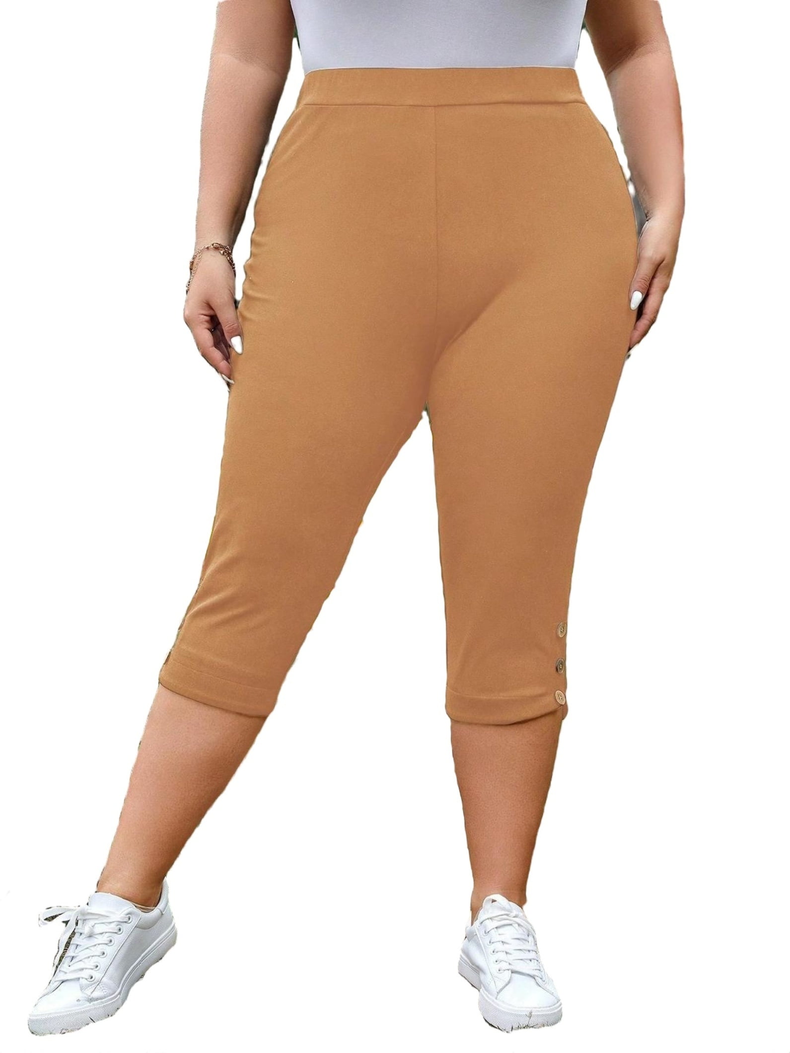 Women's Casual Plain Skinny Mustard Yellow Capris Plus Size Pants 0XL (12)